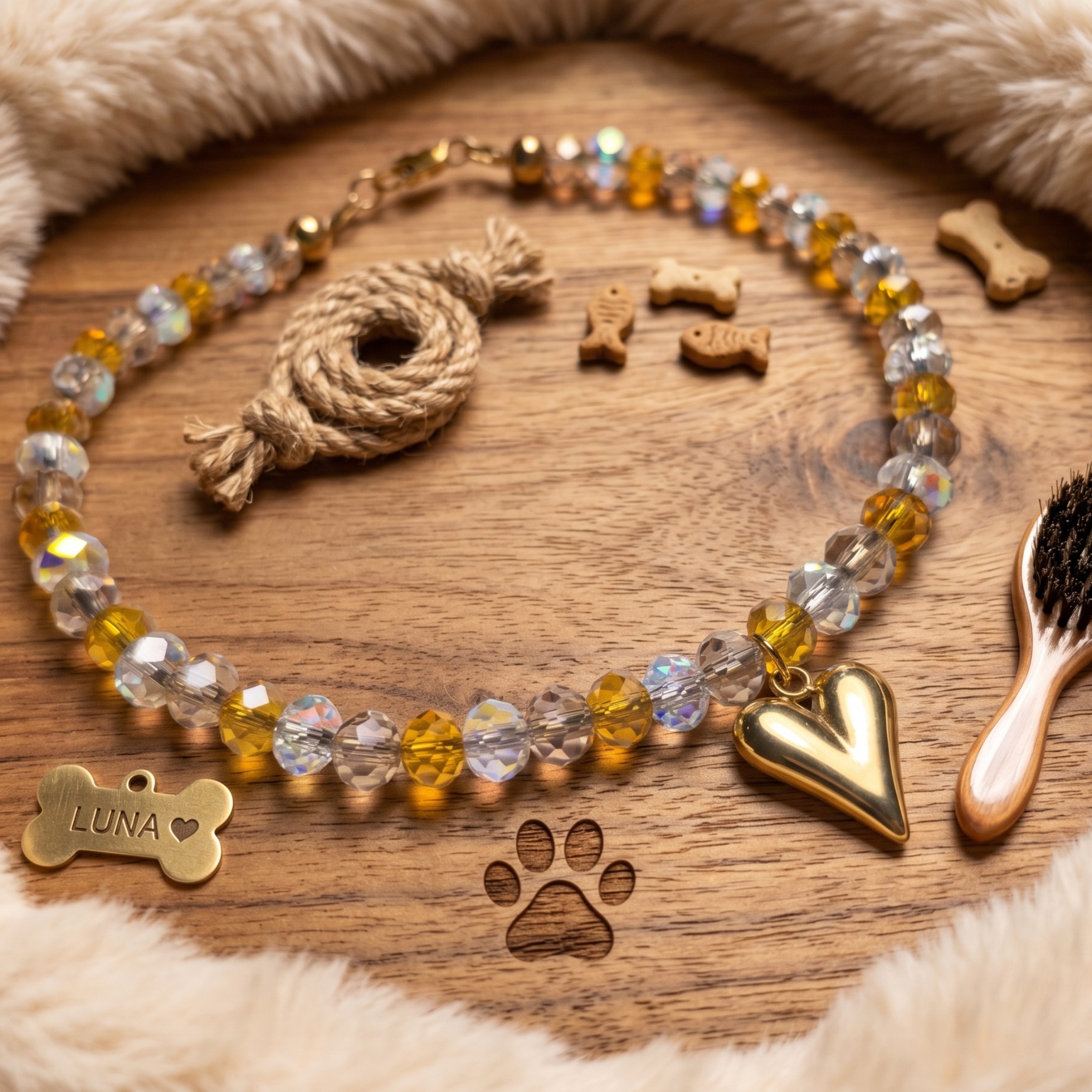 Collana per cani per Cani "Golden Heart" con Perline Champagne e Cuore Dorato